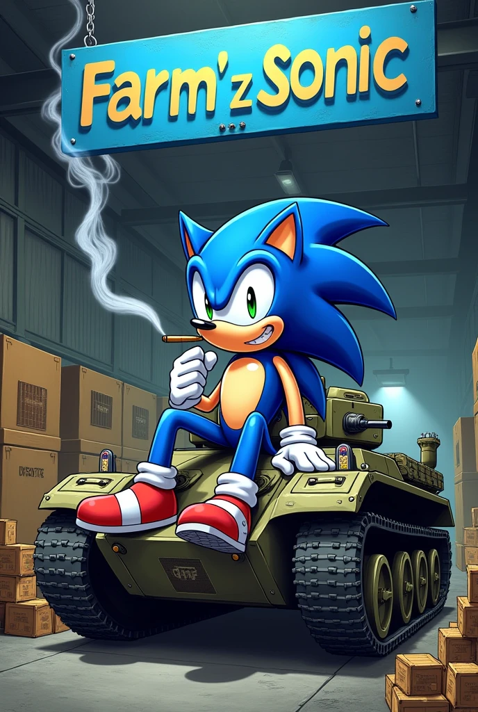 sonic entrain de fumer un joint sur un tank 
qui tire de la weed en cartoon