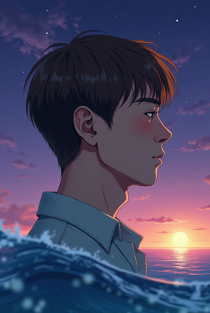 Draw the cover of a fantasy time travel novel，An overlapping picture of a middle-aged man with brown hair and a boy with blond hair.，The blond boy grew up to become the brown-haired middle-aged man，But we met because of the intersection of time，The dark purple sky above is dotted with stars, gradating to the deep blue sea below as the background of the picture.，Make the painting more tragic，Using the style of Korean comics。

