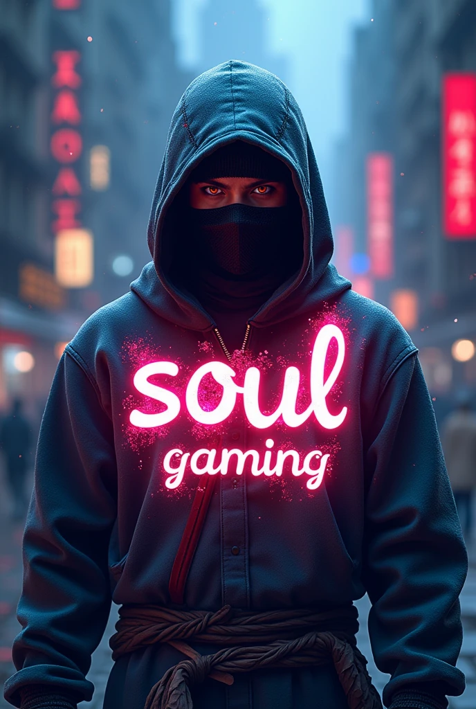 induce an eye- catching  gaming totem with a  Ninja avatar , enhanced by a  witching gleam effect. Center the text written in " SOUL," written in futuristic font   , and "Gaming"  written below the text for a dynamic and luminous design