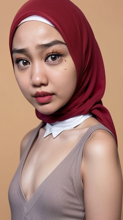 1 mole in lip, SUSPENDER, (((HIJAB MALAY GIRL))), masutepiece, High quality, UHD 32K, Realistic face, Realistic skin feeling , A indonesian Lady, , , Very cute and baby-like face, (((FLAT CHEST))), (MATRIX WORLD), ((look In front at the camera and SADNESS)), (((CUTE GIRL))), ((RED LIPS)), ((office suite)), (((undress)))