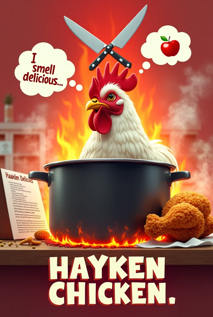 Background red and white, a pot on a top a fire, alive chicken in side the pot, two knifes crossed each other on top,fried chicken on a side and a recipe on the other side, the chicken looking at the the fried chicken, write "I smell Delicious ..." as a thought on the top of the chickens head,Write boldly with red and white letters" Hayken Chicken" At the bottom
