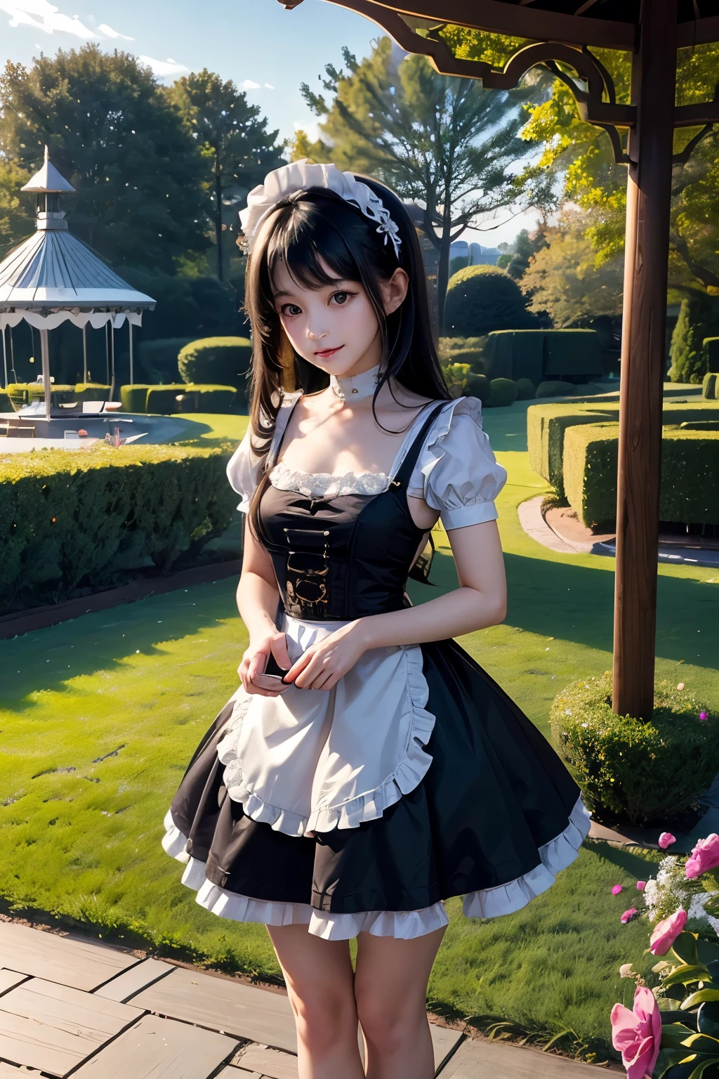 masterpiece,Highest quality,Very detailed,Maid Girl,,Small breasts,Black Hair,very cute,Maid clothes,Outdoor,Garden Gazebo,Tea party