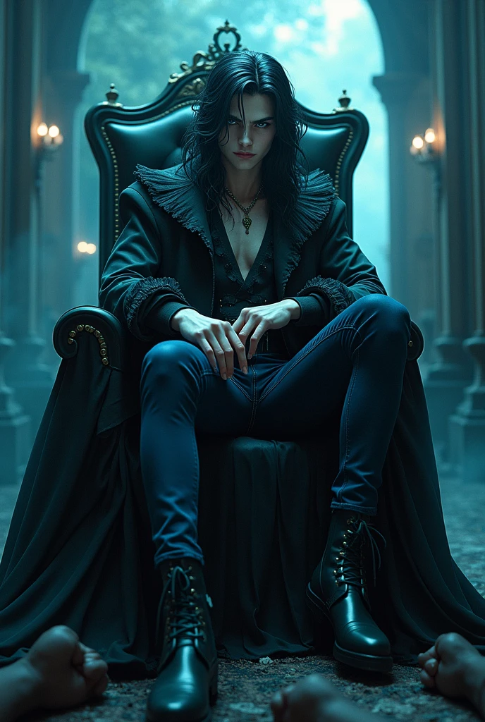 Long black hair. Teal blue eyes, Male, Blue and black frilly gothic clothes, Surrealism, Sexy, Masterpiece, Shiny, Gloomy effects, 8k, super detail, Shiny, Beautifully detailed, Pretty drawn. Sexy pose, hot. Anime. Seductive pose. vampire. Sitting on his throne and crossing his legs in a sultry way. Looking down and smirking maliciously. bottom angle. long Shiny boots. black shiny leather jeans. attractive and delicate facial features. saying "kneel down" Anime style. People are kneeling and bowing down in front of him in horror.