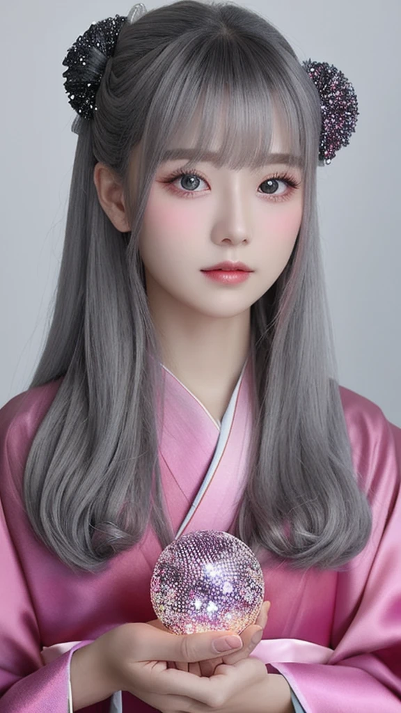 woman、Beauty、Gorgeous kimono、Doll Face、Unrealistic、Whitening、Transparencyのある肌、front、Upper Body、Make eye contact、Silver Hair、mysterious、Very long hair、Transparency、Gray Eyes、Solemn, Take a closer look, The background is a moonlit night.、Light pink background、Background glitter、Crystal ball、