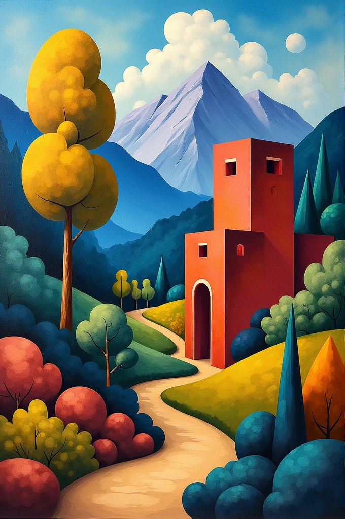 For a Cubist landscape that shows the principle of emphasis, you might create a scene where one element stands out significantly.
Imagine a Cubist painting of a mountainous landscape where:
- The foreground includes a large, geometric, bright-colored tree or building.
- The tree or building is rendered in exaggerated shapes and vivid colors, contrasting with the more subdued and fragmented background elements like the mountains and sky.
- The rest of the landscape is broken into abstract shapes and subdued colors, directing attention to the emphasized element.
This approach highlights the focal point of the composition and uses contrast in color and form to draw the viewer's eye to the emphasized feature in the landscape.