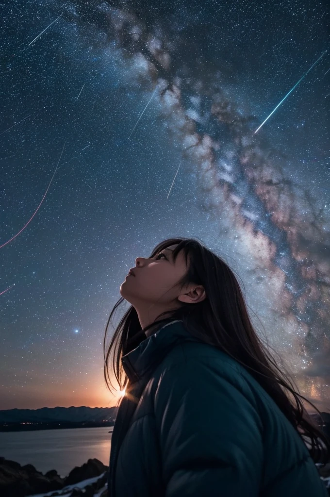Many stars twinkling in a beautiful bright winter night sky, long exposure starry sky with many circular orbits, silhouette of a young woman with long hair with her hands in her coat pockets looking up at it, photo taken from long distance, photo from below
