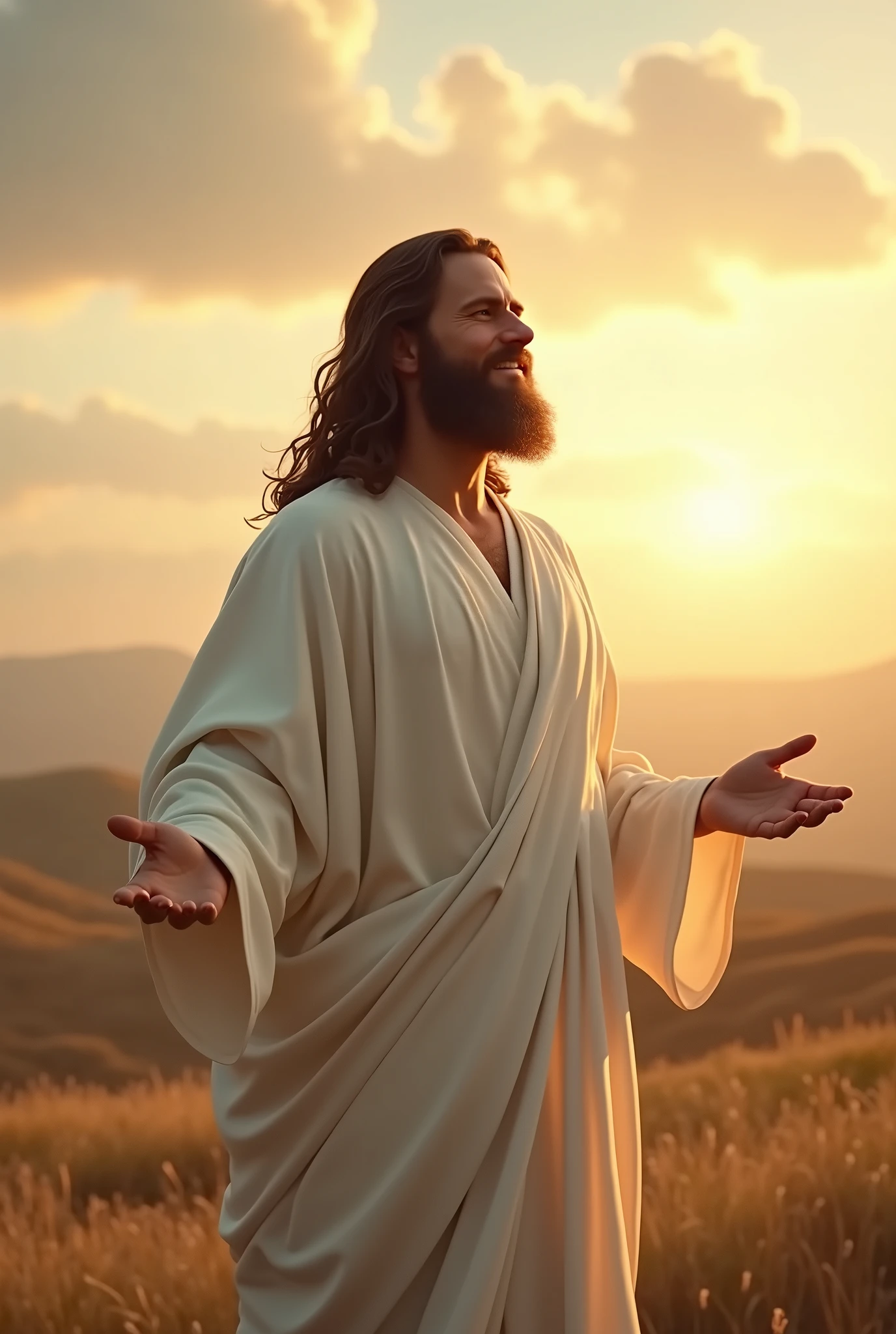 A serene scene of a bearded man resembling a classic depiction of Jesus Christ, standing in a field at sunrise or sunset. His body is slightly turned to the right, not fully facing the viewer but at a gentle angle, with his right side more visible. His both arms are outstretched in a welcoming gesture like he was praying, and his head is tilted slightly upward, with his gaze directed toward the sky. He has long, wavy brown hair and a well-groomed beard, with a calm and compassionate expression on his face. He is dressed in flowing white robes that drape gracefully over his body. The warm, golden light of the sun reflects off his right side, casting a gentle glow on his face and robes. The background consists of rolling hills and a vast sky with a mix of clouds and soft sunlight, enhancing the tranquil and divine ambiance of the image.