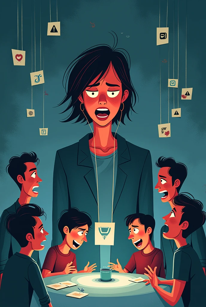 Negative Effects of scamm in social media platforms Targeted the people with negative Effects (simple dark humor sticker person characters)