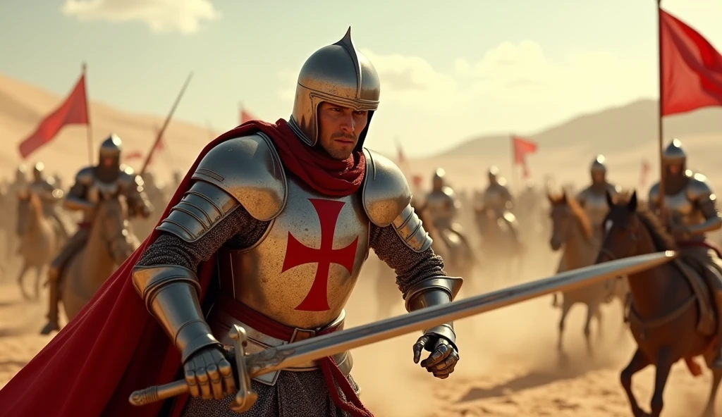 A highly realistic, high-contrast, 8K HD, detailed, hyper-detailed image of a Crusader knight in full armor, bearing a red cross emblem on his chest, captured in the moment of being struck by an enemy's sword in the desert. The camera is focused on the Crusader knight at the exact moment the blade cuts into his armor, emphasizing the impact and the shock on the knight’s face. Blood is seen beginning to spray from the wound as the sword makes contact. The background shows the chaotic desert battlefield with other knights engaged in fierce combat, but the primary focus remains on the struck Crusader. The scene is dramatic and intense, with the sun casting harsh shadows, heightening the sense of desperation and violence. The image is of the highest quality, with ultra-high resolution, RAW photo quality, and Unreal Engine rendering, vividly capturing the brutal and heart-stopping moment in the midst of battle.
