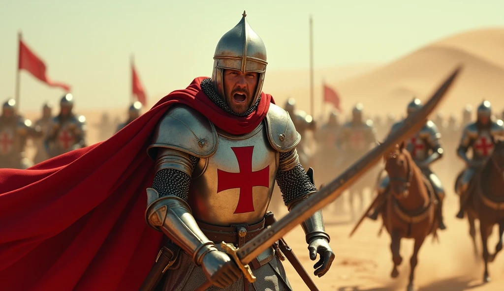 A highly realistic, high-contrast, 8K HD, detailed, hyper-detailed image of a Crusader knight in full armor, bearing a red cross emblem on his chest, captured in the moment of being struck by an enemy's sword in the desert. The camera is focused on the Crusader knight at the exact moment the blade cuts into his armor, emphasizing the impact and the shock on the knight’s face. Blood is seen beginning to spray from the wound as the sword makes contact. The background shows the chaotic desert battlefield with other knights engaged in fierce combat, but the primary focus remains on the struck Crusader. The scene is dramatic and intense, with the sun casting harsh shadows, heightening the sense of desperation and violence. The image is of the highest quality, with ultra-high resolution, RAW photo quality, and Unreal Engine rendering, vividly capturing the brutal and heart-stopping moment in the midst of battle.