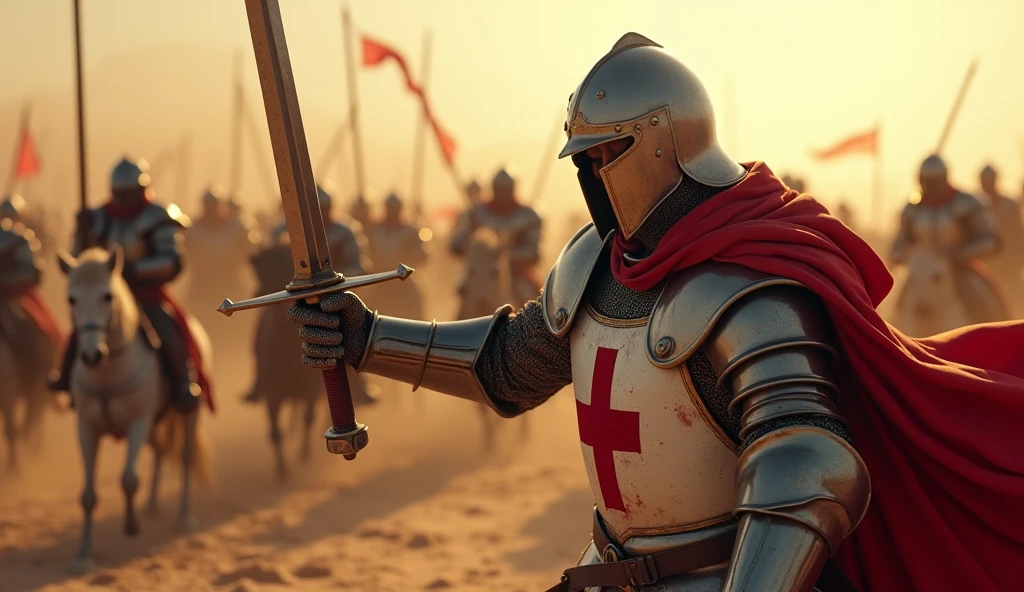 A highly realistic, high-contrast, 8K HD, detailed, hyper-detailed image of a Crusader knight in full armor, bearing a red cross emblem on his chest, captured in the moment of being struck by an enemy's sword in the desert. The camera is focused on the Crusader knight at the exact moment the blade cuts into his armor, emphasizing the impact and the shock on the knight’s face. Blood is seen beginning to spray from the wound as the sword makes contact. The background shows the chaotic desert battlefield with other knights engaged in fierce combat, but the primary focus remains on the struck Crusader. The scene is dramatic and intense, with the sun casting harsh shadows, heightening the sense of desperation and violence. The image is of the highest quality, with ultra-high resolution, RAW photo quality, and Unreal Engine rendering, vividly capturing the brutal and heart-stopping moment in the midst of battle.
