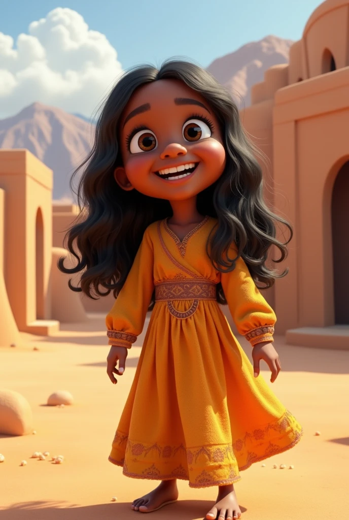 pixar character, child in long dress, biblical times, dark skin with straight wavy hair, Grinning