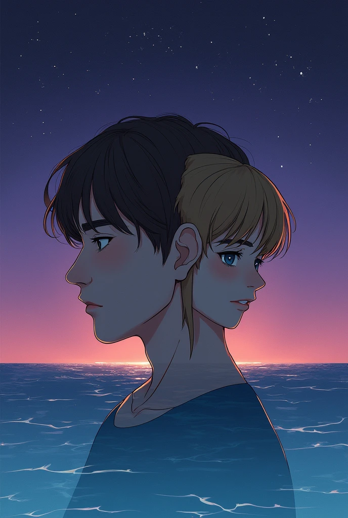 Draw the cover of a fantasy time travel novel,An overlapping picture of a middle-aged man with brown hair and a boy with blond hair.,The blond boy grew up to become the brown-haired middle-aged man,But we met because of the intersection of time,The dark purple sky above is dotted with stars, gradating to the deep blue sea below as the background of the picture.,Make the painting more tragic,Using the style of Korean comics。