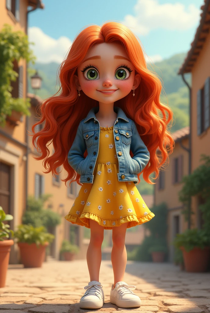Girl with long wavy colored red hair, yellow dress with little flowers, jean jacket, Italian background, white sneakers, with freckles, thick lips, white teeth, with dimples in her cheeks, honey green eyes