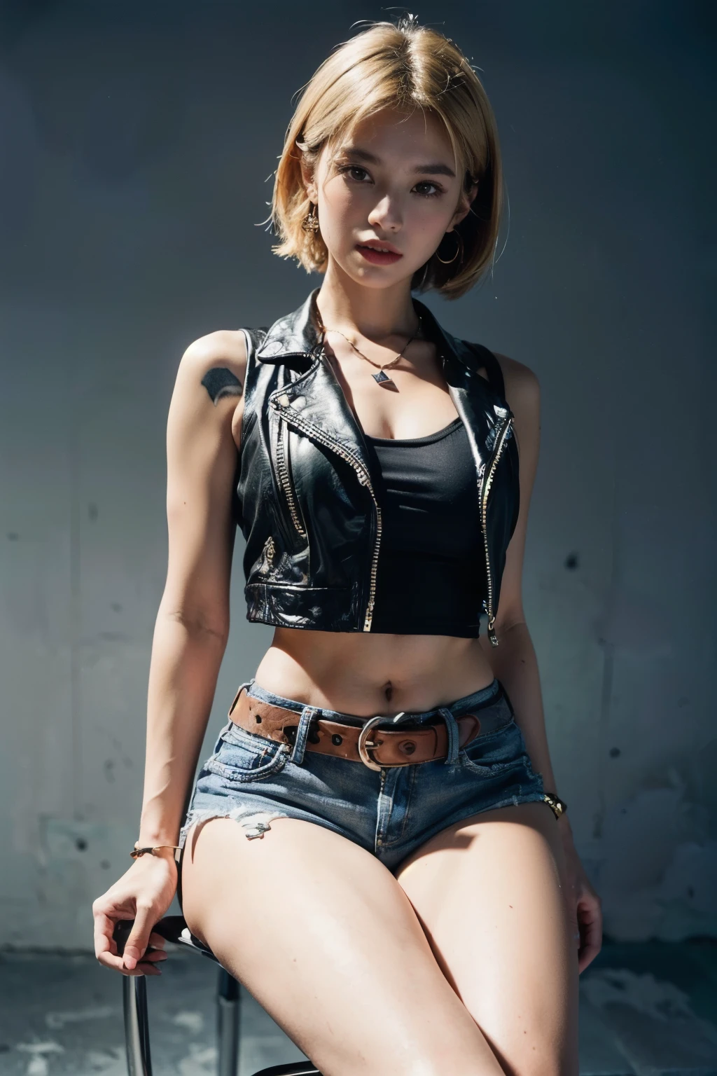 (RAW shooting:1.2, Photoreal:1.5, 8k, highest quality:1.2, masterpiece:1.2, ultra high resolution:1.2), perfect dynamic composition:1.2, Highly detailed skin and facial textures:1.2,beautiful and aesthetic:1.2, full body:1.2, Fair skin:1.2, (large breast:1.4, Chest gap:1.4), (perfect limbs:1.2), (perfect fingers:1.2),(1girl:1.2,tall:1.2,sexy:1.2,caucasian:1.2,glamour:1.2,,makeup:1.2,(sitting:1.2,chair:1.2,legs together:1.2),earrings:1.2,necklace:1.2,short blonde hair:1.2,tight top:1.2,denim top:1.2,sleeveless:1.2,leather jacket:1.2,navel:1.2,belt:1.2,denim shorts:1.2,perfect thigh:1.2,sneakers:1.2),(simple background:1.2),
