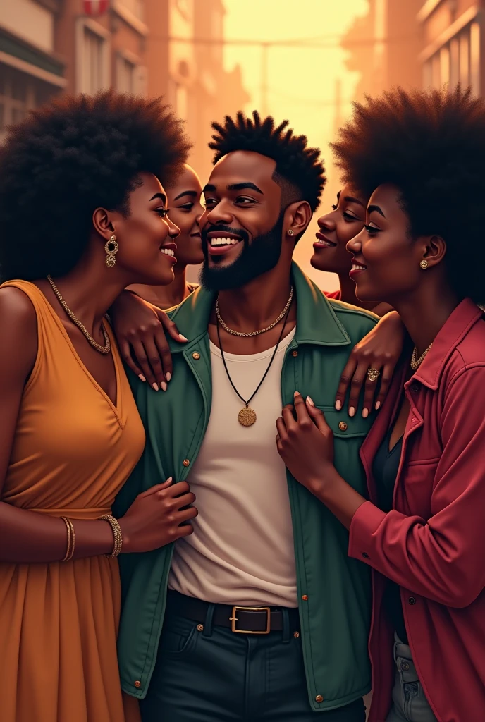 Generate an image of a black handsome man being touchy with his black friends 