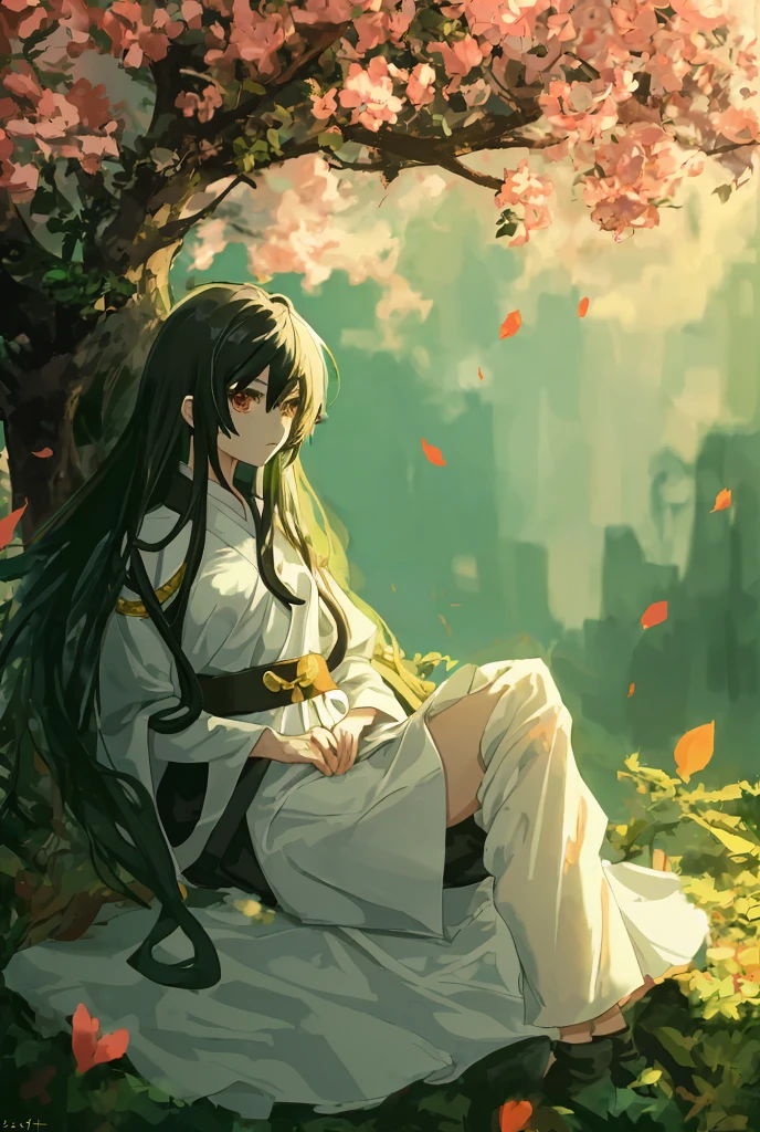 change girl to anime boy with black hairs wearing black tunic sitting by the tree