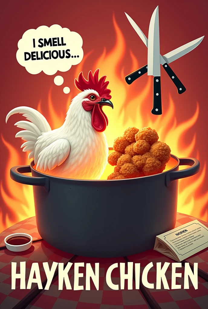 Background red and white, a pot on a top a fire, alive chicken in side the pot, two knifes crossed each other on top,fried chicken on a side and a recipe on the other side, the chicken looking at the the fried chicken, write "I smell Delicious ..." as a thought on the top of the chickens head,Write boldly with red and white letters" Hayken Chicken" At the bottom
