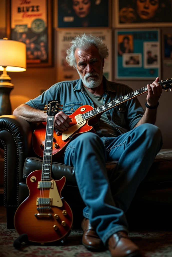 I want a blues player sitting on the couch with bottles of whiskey and his Gibson electric guitar by his side, the whiskey bottles have to appear next to the guitar.
