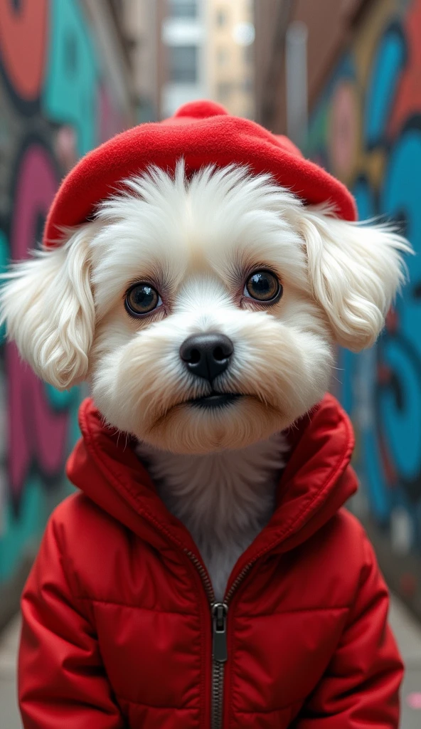 There is a small white dog wearing a red hat and jacket., un portrait de Bernie D&#39;Andrea, pexels, Graffiti, portrait, Humans New York style, cute dog, wearing a scarlet hoodie, portrait en plano medio, closeup portrait, looking cool and stylish, in a hood, portrait medio, Subtle details, wearing a red hoodie