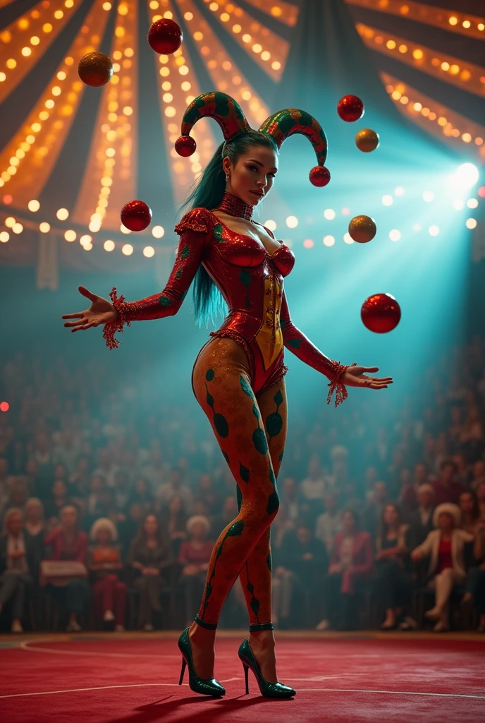 A SEXY FEMALE JESTER AT THE CIRCUS JUGGLING BALLS. CAPTIVATING THE LARGE AUDIENCE INSIDE THE MAIN TENT.INCREDIBLEY DETAILED AND TEXTURED IN FULL 8K HD RESOLUTION