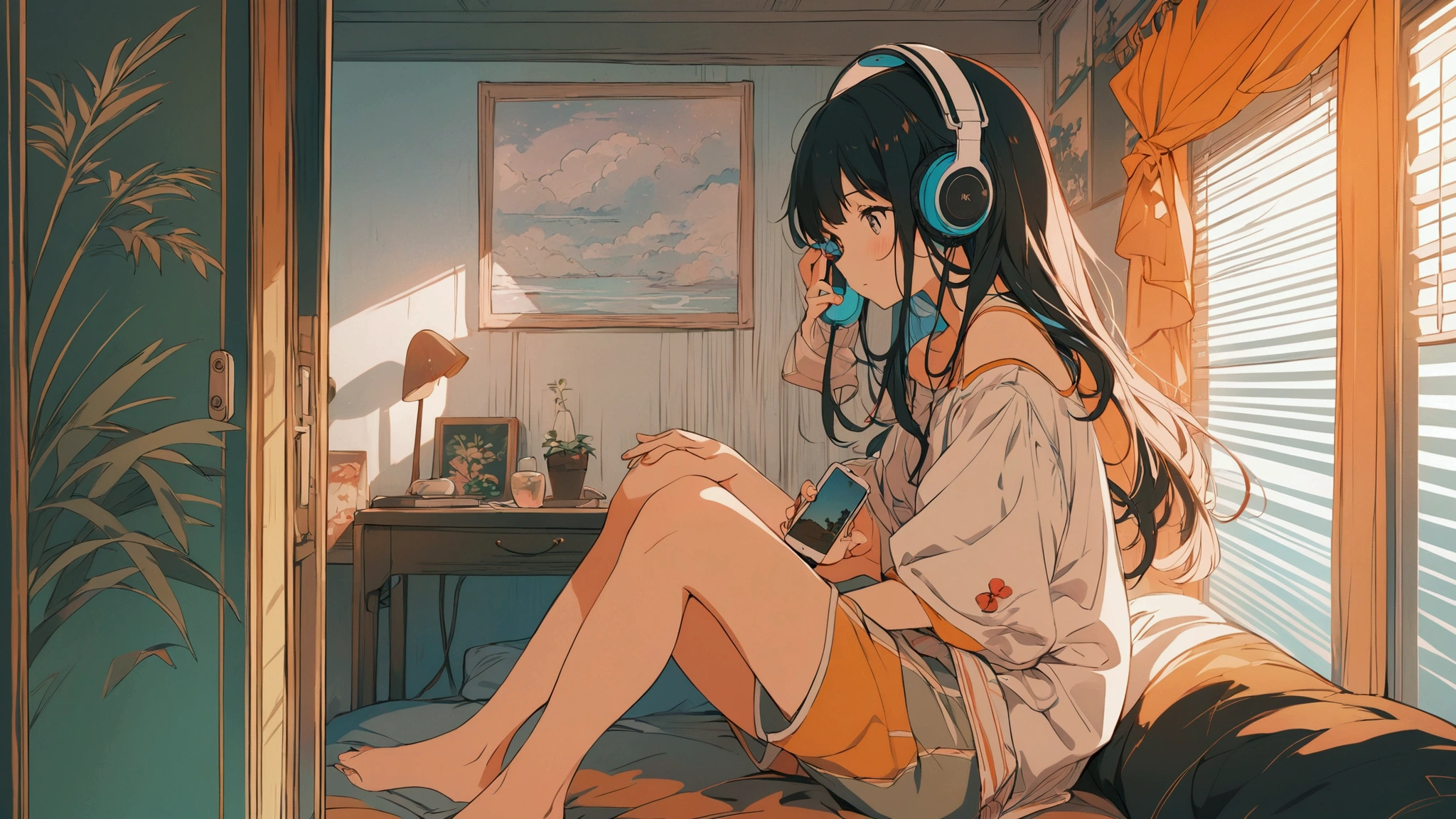 I put on my headphones and sat on my bed、Anime girl looking at her cell phone, Anime Style 4 k, Anime Art Wallpapers 8K, LOFI Girl, anime art wallpaper 4k, anime art wallpaper 4k, anime wallpaper 4k, anime wallpaper 4k, Anime atmosphere, 4k anime wallpaper, Lo-fi art style, Anime Style. 8k