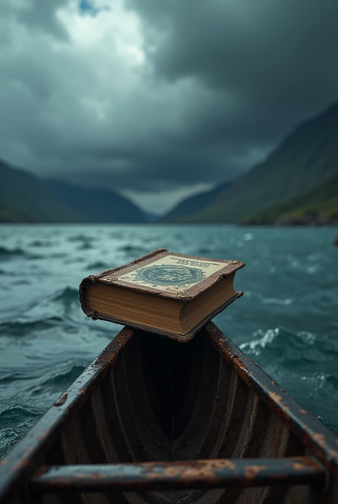 A book placed on the tip of canoe . Dark cloud and ocean background. Realistic image. Close of view of cover page of book