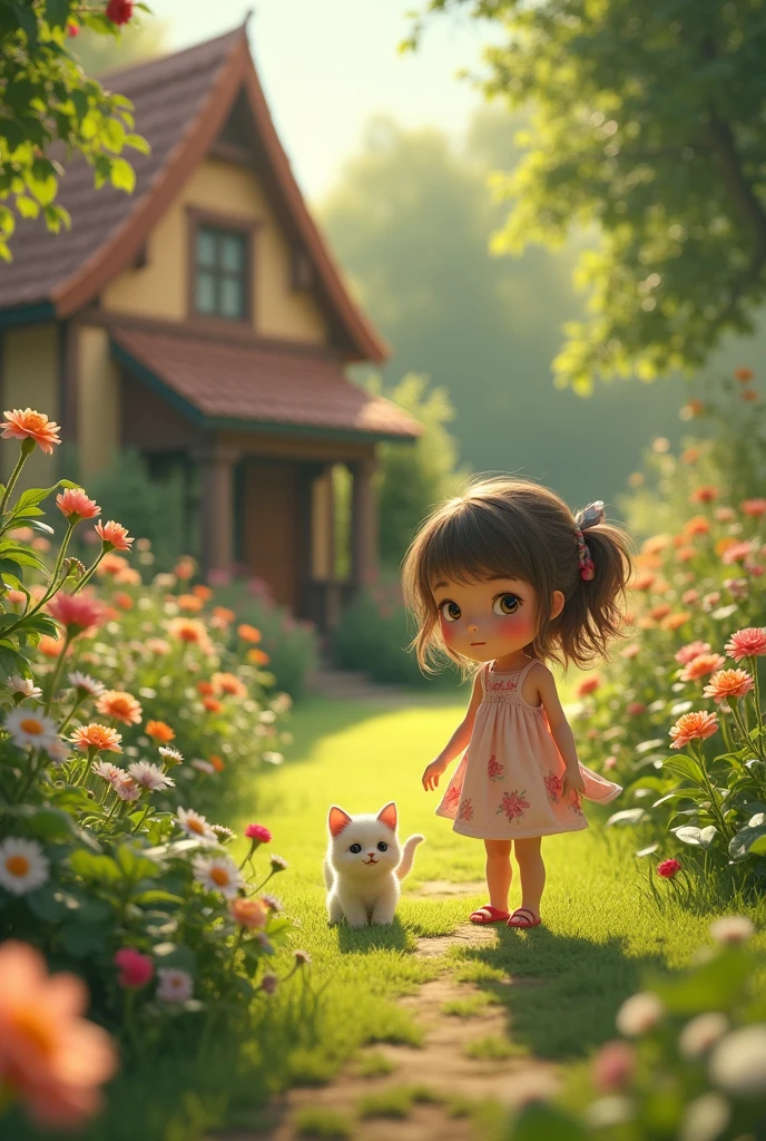 A little cute girl living in his house
Same girl are walking in his garden
The same girl saw a little cat in his garden
The girl get cat in his hand the same girl