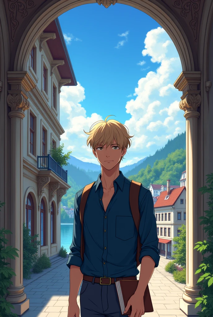 A man in anime style, medium height tourist with dark blond hair in a Germanic architecture hotel, wearing a dark blue blouse, with a book in his hand and a reflective personality, the landscape shows in the background a small town with a large lake.
