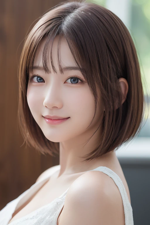 masterpiece, Highest quality, One Woman, (RAW Photos, Highest quality), (reality, Realistic:1.4), Tabletop、reality的、Stereoscopic lighting、Professional Lighting、Face Light、Smooth lighting、sexy、Sunburned skin、very detailed eyes and face, Beautiful and detailed nose, beautiful eyes, Perfect Anatomy、Bobcut、Brunette Hair 、bangs、A cool smile、Face Focus、indoor、
