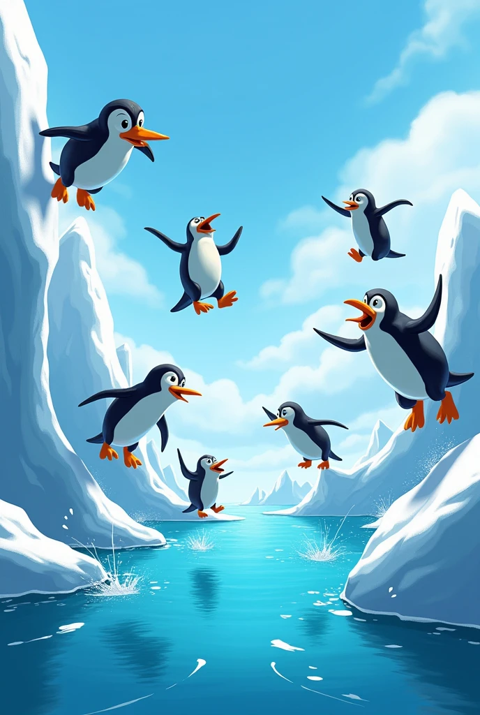 Penguins jumping into the sea from an ice rock in a cartoon