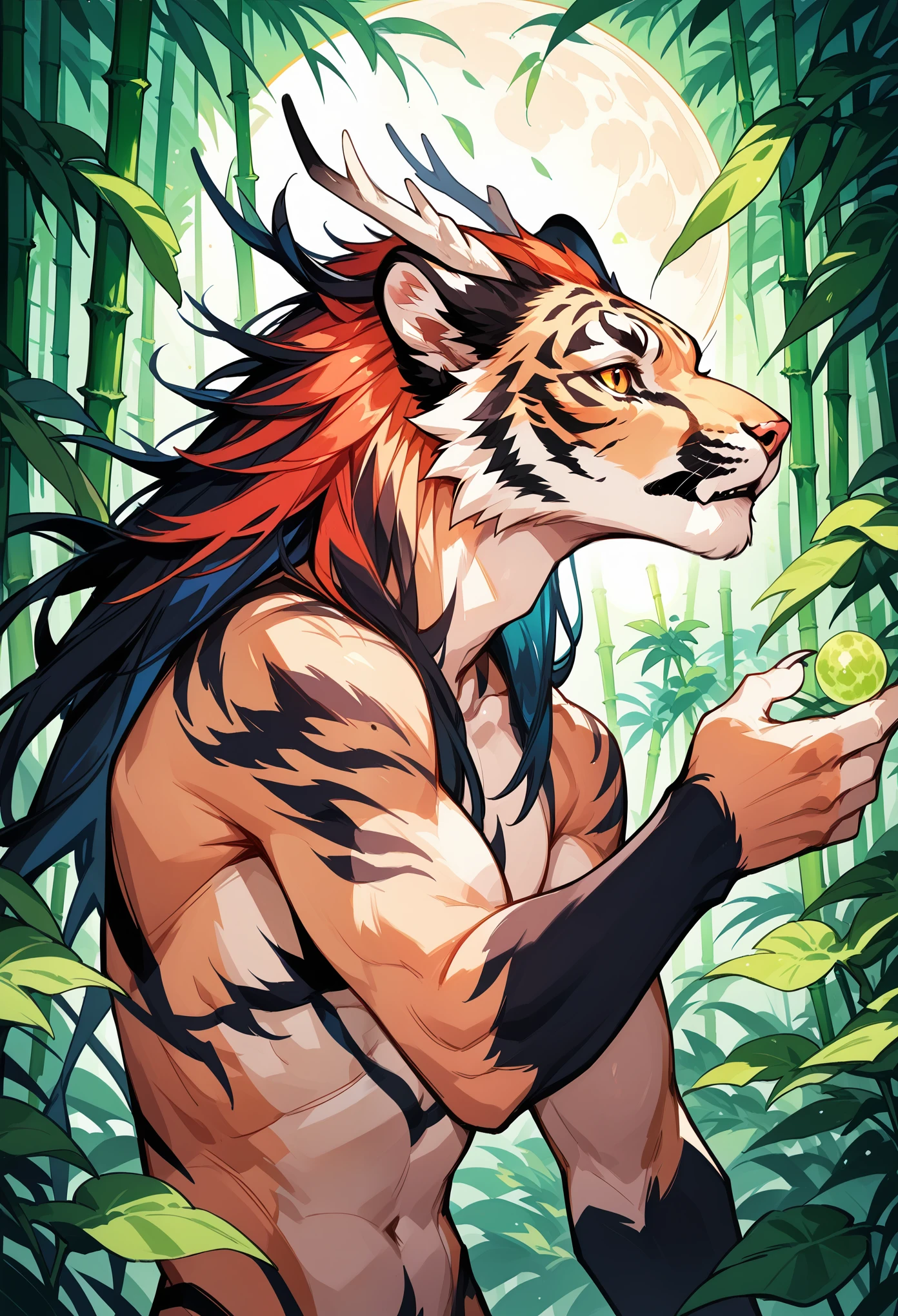 rating_safe, score_9, score_8_up, score_7_up, score_6_up, score_5_up, score_4_up, hires, source_furry, bamboo forest, moon, Chinese, male animal tigers and human girl,