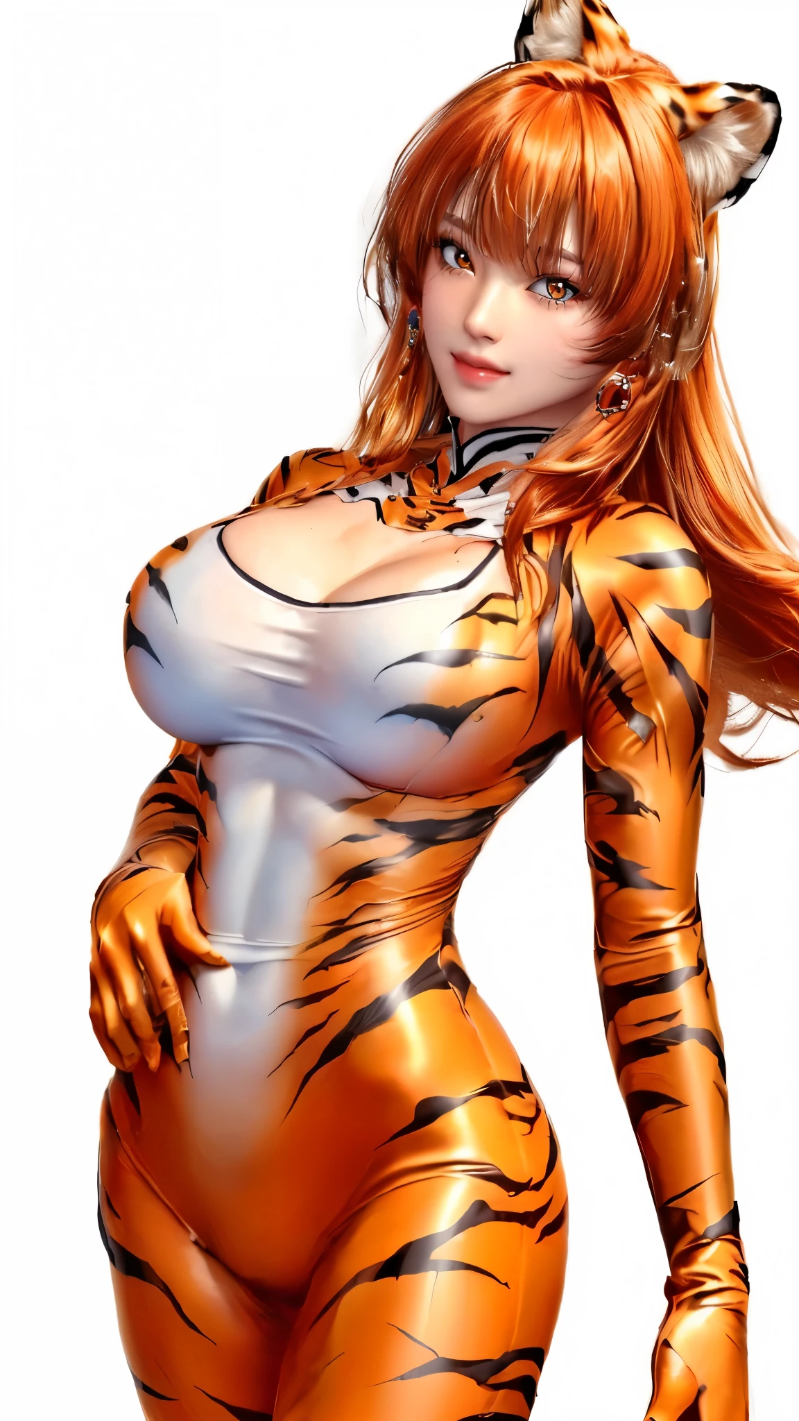 (((Perfect body,(((hwjsy, tigerstripebodysuit ))),(((Orange hair, orange long hair, orange straight hair, golden eyes, red lips, pink powder blusher, tiger ear headdress))),((masterpiece)),high resolution, ((Best quality at best)),masterpiece,quality,Best quality,((( Exquisite facial features,Looking at the audience,There is light in the eyes,Smile))),))),(((Light and shadow,Huge breasts,))),(((Looking at the camera,White background,))))