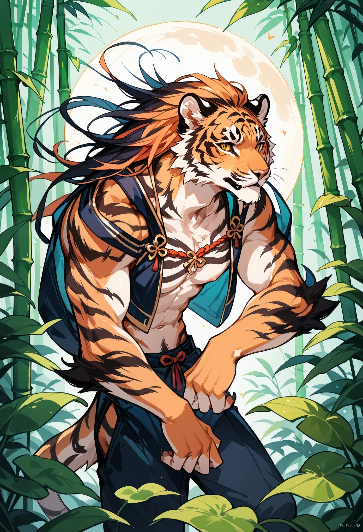 rating_safe, score_9, score_8_up, score_7_up, score_6_up, score_5_up, score_4_up, hires, source_furry, bamboo forest, moon, Chinese, male animal tigers and human girl,