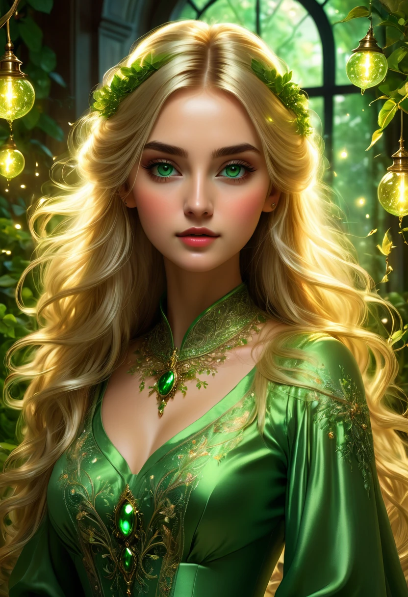 Beautiful girl, 25 years, long light golden hair, green eyes, long, thick eyelashes, Light Healer, Combat, in a simple green dress from the 19th century, shining sphere in hands, in the mansion, Fireflies, trees and plants, rose with thorns, unearthly beauty, fantasy, digital art, bright light, complex parts, Focus on the face, Exquisite, sharpness, depth, photorealism, professional photo, cgi, diffuse reflection, full hd wallpaper, epic, 64k, f/16, 1/300s, s750, HDR, ultrahd, 50mm lens