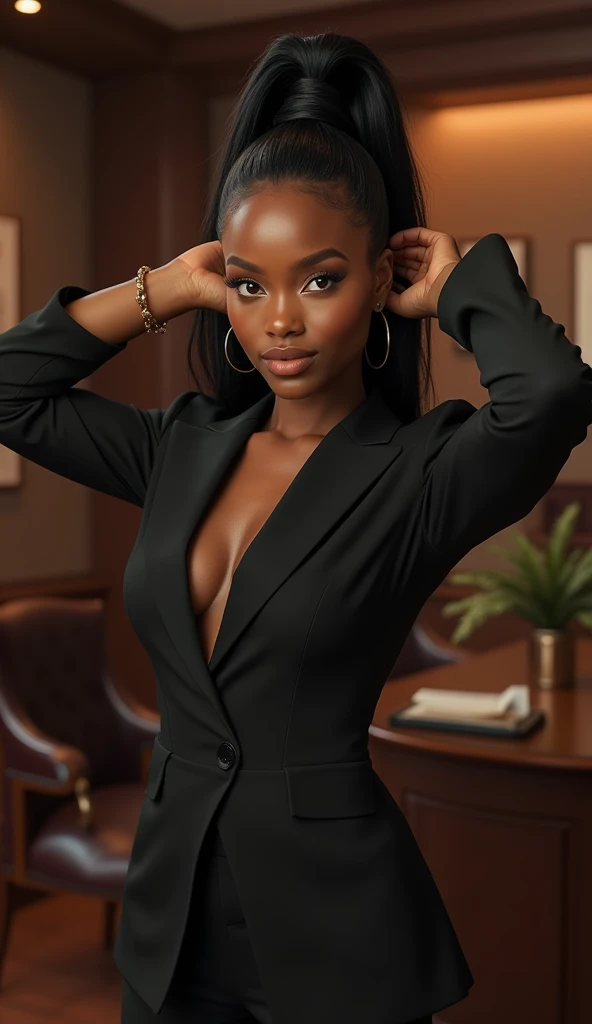 beutifull black woman standing looking at camera and tying her hair back, at an office in style of the godfatter movies, 