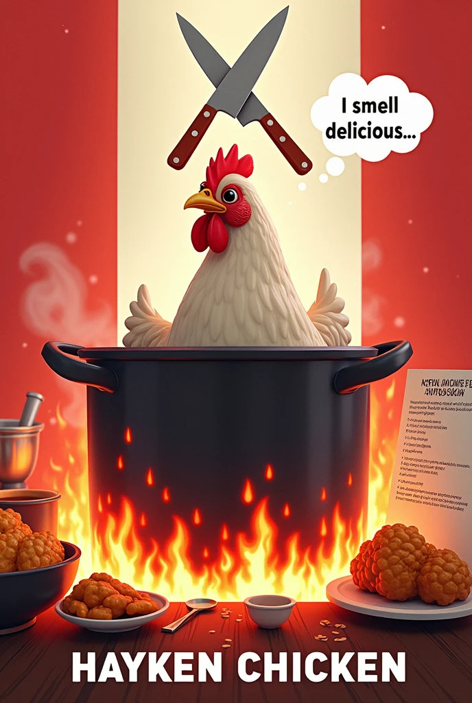 Background red and white, a pot on a top a fire, alive chicken in side the pot, two knifes crossed each other on top,fried chicken on a side and a recipe on the other side, the chicken looking at the the fried chicken, write "I smell Delicious ..." as a thought on the top of the chickens head,Write boldly with red and white letters" Hayken Chicken" At the bottom