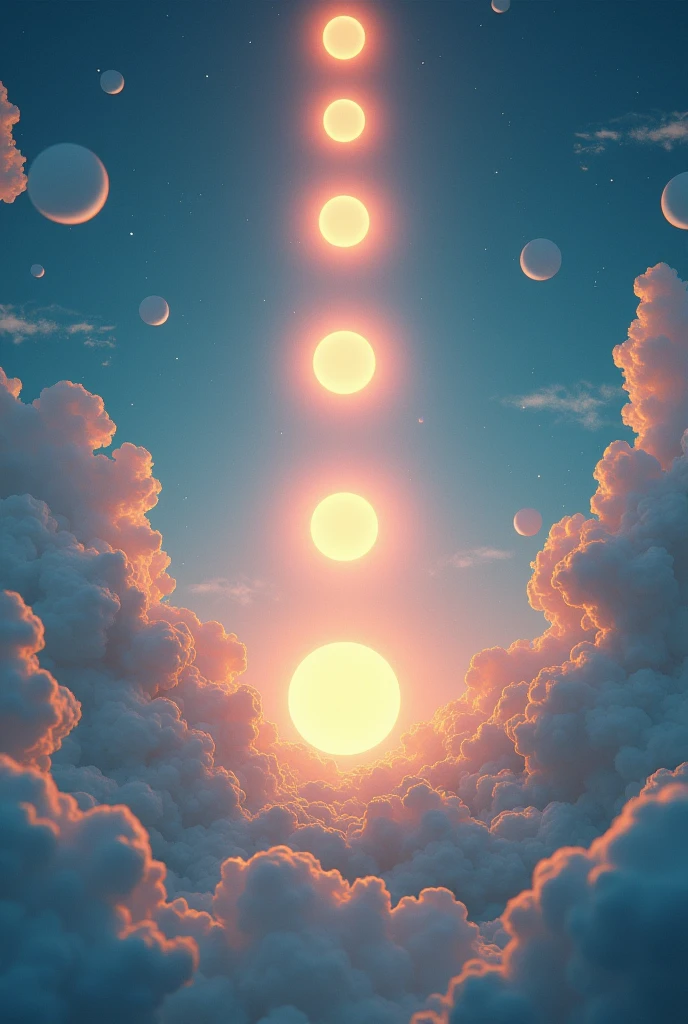 7 suns in the sky one behind the other amidst clouds seen from below