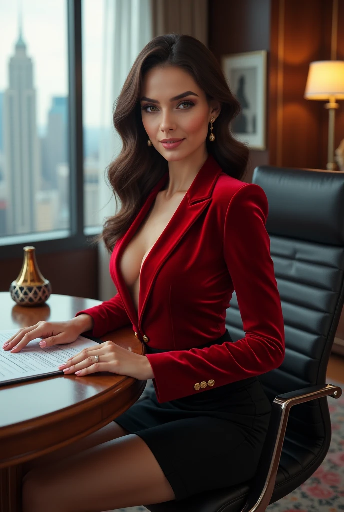 (best quality,4k,8k,highres,masterpiece:1.2),ultra-detailed,(realistic,photorealistic,photo-realistic:1.37),female CEO,red velvet blazer,short fit black pencil skirt,confident gaze,seductive smile,luxurious office,modern interior design,elegant hairstyle,well-manicured nails,high heels,immaculate makeup,expensive accessories,dominant posture,natural sunlight,city skyline view,powerful aura,vibrant red colors,sleek architecture,sharp focus on details,professional ambiance,successful businesswoman,sophisticated elegance,commanding presence,crafted wooden desk,leather chair,impressive artwork hanging on the wall,impeccable fashion sense,meticulously arranged files,steel and glass structure,reflection on glossy surfaces,gleaming silver accents,subtle shadow play,graceful movements,confidently walking,aura of mystery,empowered woman,limitless potential,breathtaking confidence,inspiring success,worldly achievement,unyielding determination,luxury lifestyle,entrepreneurial spirit,extraordinary vision