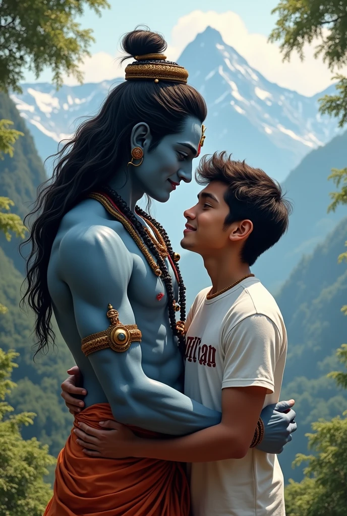 Create a high quality realistic image, lord Shiv and a 20 year old teenage boy hugging are Warking with each other, boy is wearing white t-shirt on which his name "NITESH" is written boldly on top, both are emotional, environment is mountain, background is of tree, image should ultra