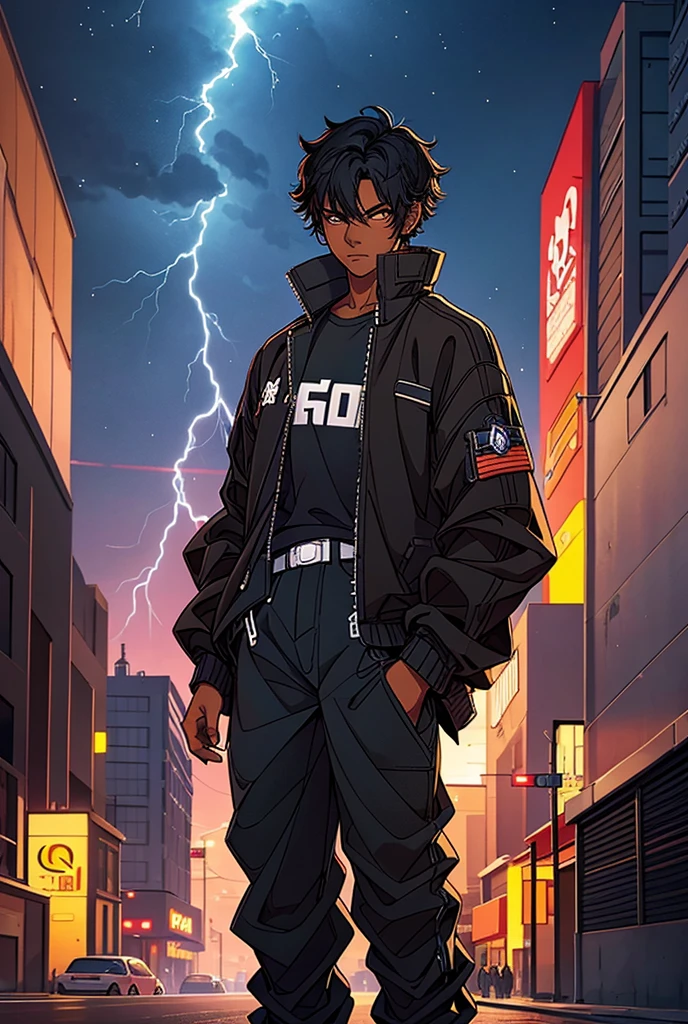 Anime boy with black hair wearing baggy pants and a jacket. He has brown eyes. futuristic city background. Holding out his hand to viewer. Lightning. Dark skinned.