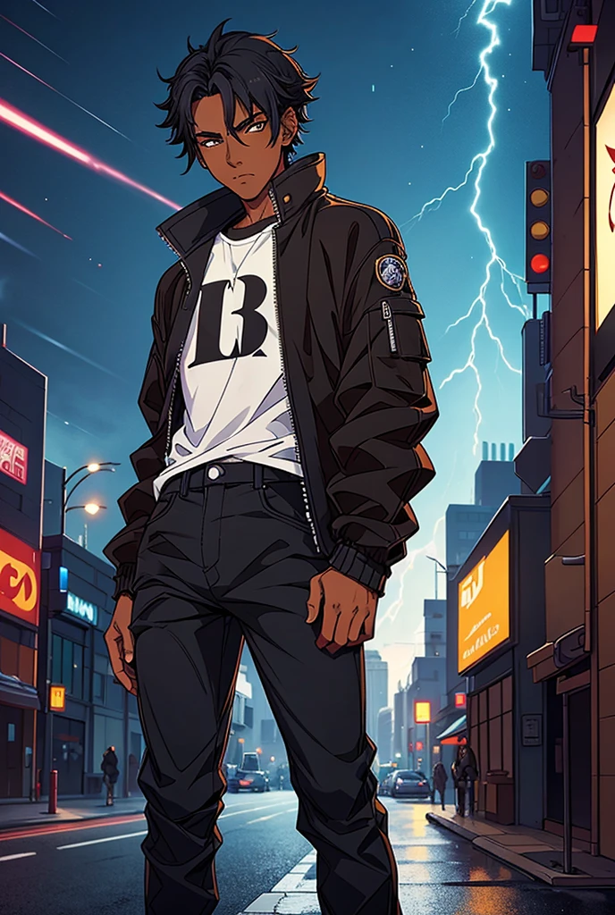Anime boy with black hair wearing baggy pants and a jacket. He has brown eyes. futuristic city background. Holding out his hand to viewer. Lightning. Dark skinned.