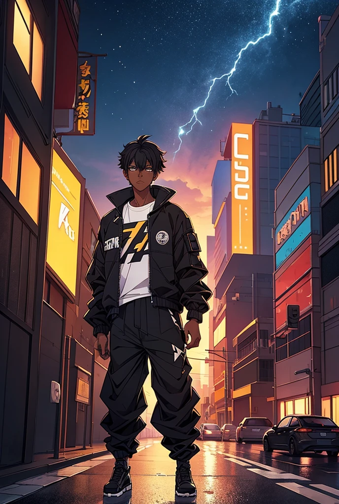 Anime boy with black hair wearing baggy pants and a jacket. He has brown eyes. futuristic city background. Holding out his hand to viewer. Lightning. Dark skinned.