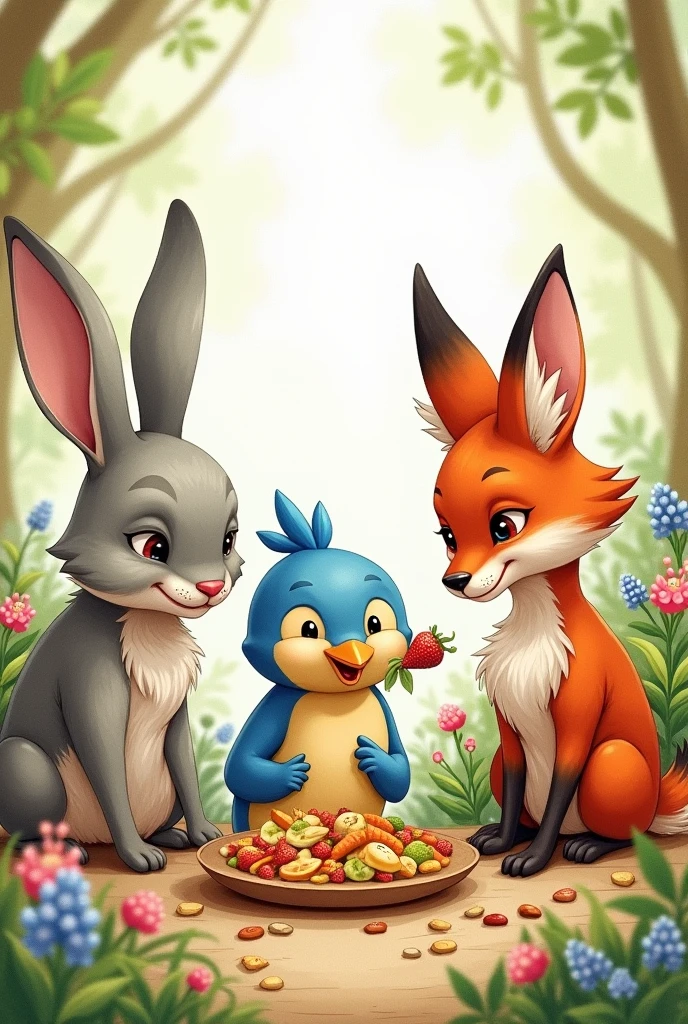 A rabbit and a blue bird and a fox having a meal with an in watercolor