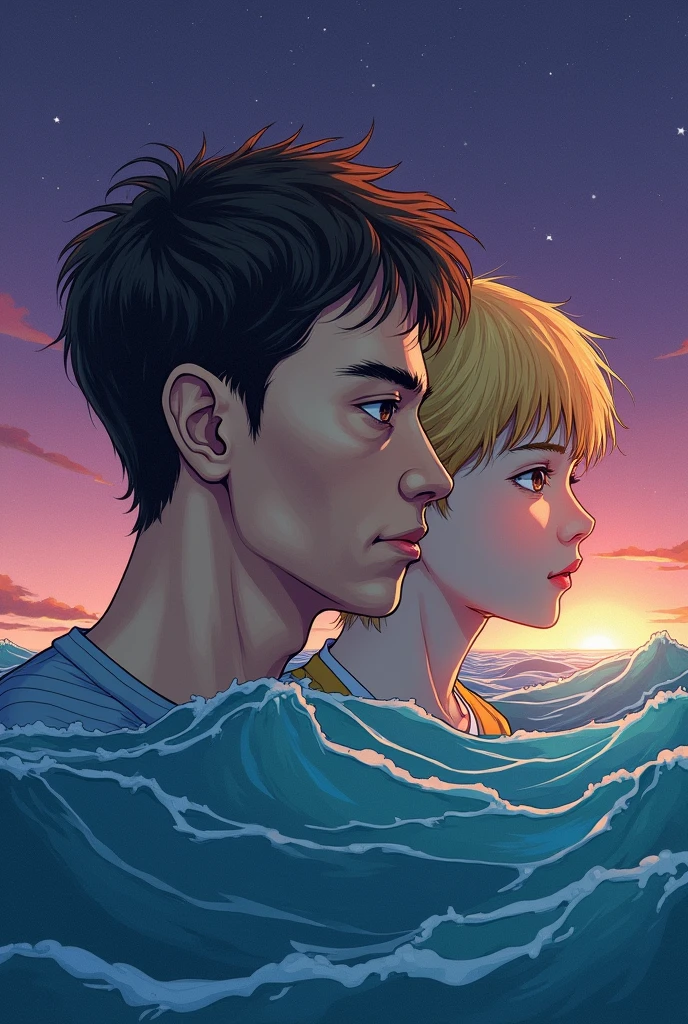 Draw the cover of a fantasy time travel novel,An overlapping picture of a middle-aged man with brown hair and a boy with blond hair.,The blond boy grew up to become the brown-haired middle-aged man,But we met because of the intersection of time,The dark purple sky above is dotted with stars, gradating to the deep blue sea below as the background of the picture.,Make the painting more tragic,Using the style of Korean comics。