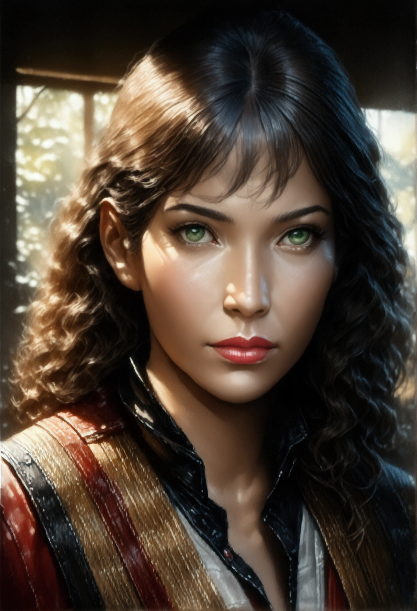 girl with long brown hair and green eyes, naruto character, beautiful detailed eyes, beautiful detailed lips, extremely detailed face, long eyelashes, anime style, digital painting, cinematic lighting, dramatic lighting, vivid colors, masterpiece, (best quality, 4k, 8k, highres, masterpiece:1.2), ultra-detailed, (realistic, photorealistic, photo-realistic:1.37)