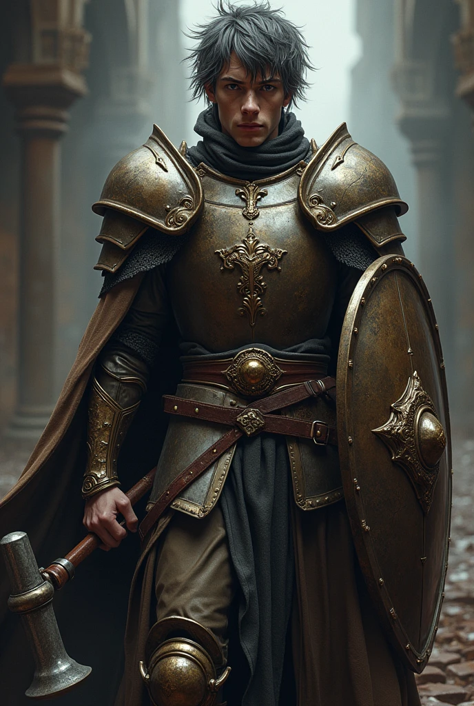 a young knight in armor, paladin, medieval warrior, man with messy dark grey long hair, rugged adventurer, warhammer, kite shield, dungeons and dragons, heroic pose, cinematic lighting, dramatic composition, highly detailed, digital painting, masterpiece, photorealistic, 8k, intricate details, chiaroscuro, moody atmosphere