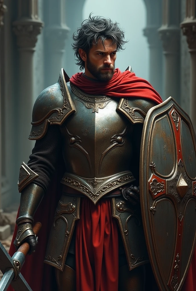 a young knight in armor, paladin, medieval warrior, man with messy dark grey long hair, rugged adventurer, warhammer, kite shield, dungeons and dragons, heroic pose, cinematic lighting, dramatic composition, highly detailed, digital painting, masterpiece, photorealistic, 8k, intricate details, chiaroscuro, moody atmosphere