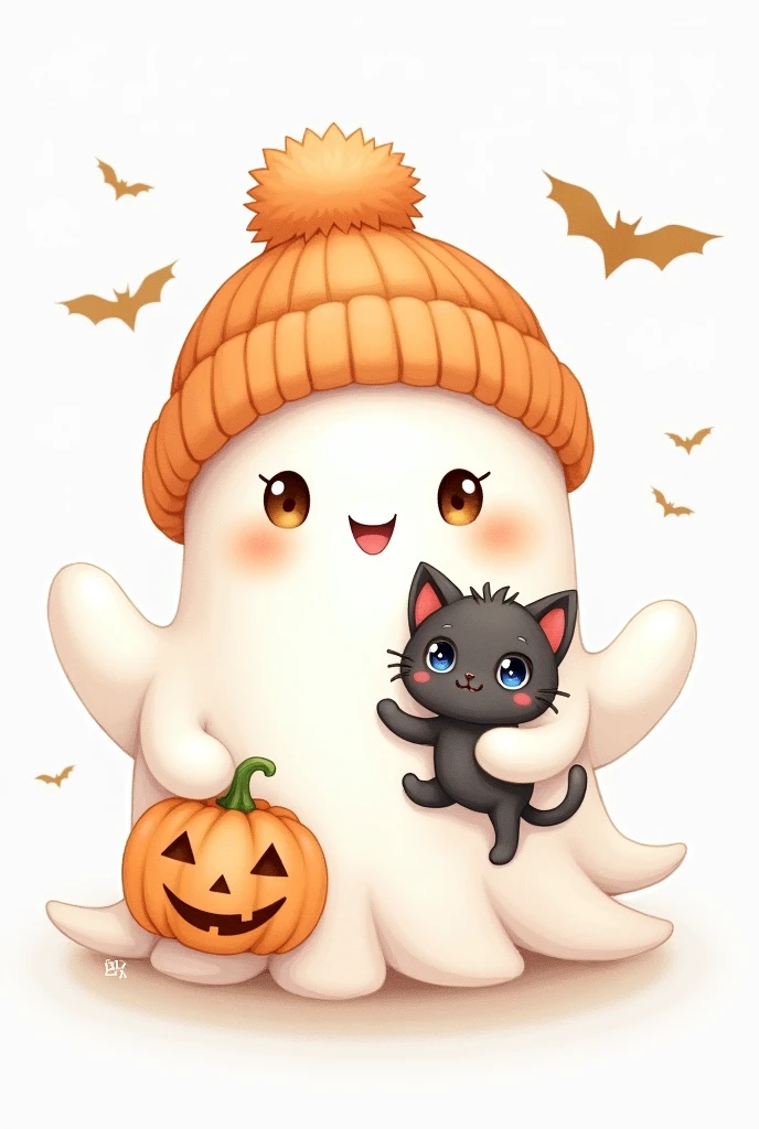 Create a full-body pastel watercolor painting of a chibi ghost character on a white background. The ghost should have a round, soft shape with a friendly, smiling expression and blushing cheeks. Dress the ghost in a cozy orange beanie with a fluffy pom-pom. In one hand, it holds a cute jack-o'-lantern pumpkin, and in the other, holding a an adorable black kitten with blue eyes. The scene includes small, flying bats in the background. The color palette should be soft pastels with a focus on light orange, gentle whites, and subtle grays to create a whimsical, dreamy Halloween vibe."