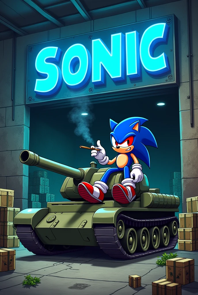 entrepôt avec cargaison de weed et de drogue et il y'a ecrit Farm'z Sonic en bleu en haut sur une grande pancarte et je veux qu'il y'a sonic avec un peu les yeux rouge qui fume un joint assis sur un tank en cartoon